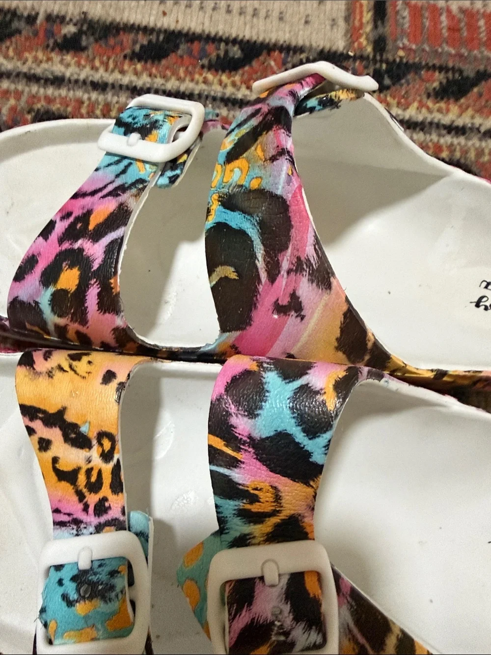 Gypsy Jazz White Footbed Multicolor Leopard Buckle Slide Sandals